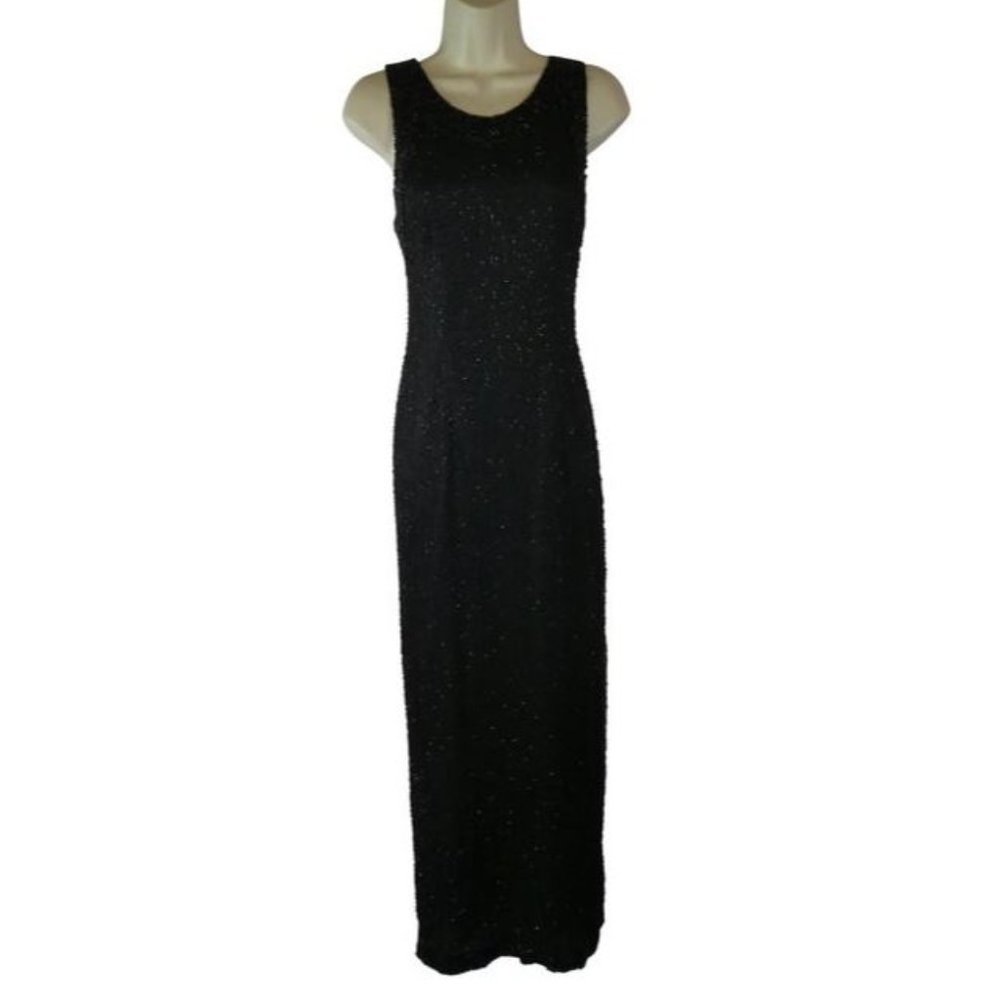 Vintage Laurence Kazar Black Beaded Silk Gown Dress